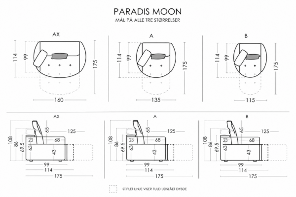 Paradis Moon 3 str tegning Paradis Moon Recliner Daybed